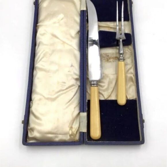 Antique Friar Yellow Original Stainless Steel Carving Knife & Fork Set With Case - Picture 4 of 7